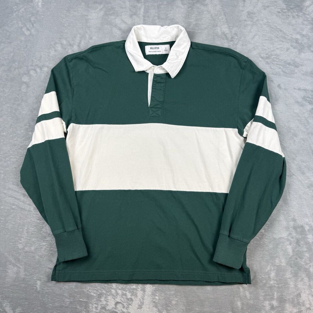 Hollister Heavyweight Rugby Shirt Men’s Small Green White Striped Long Sleeve